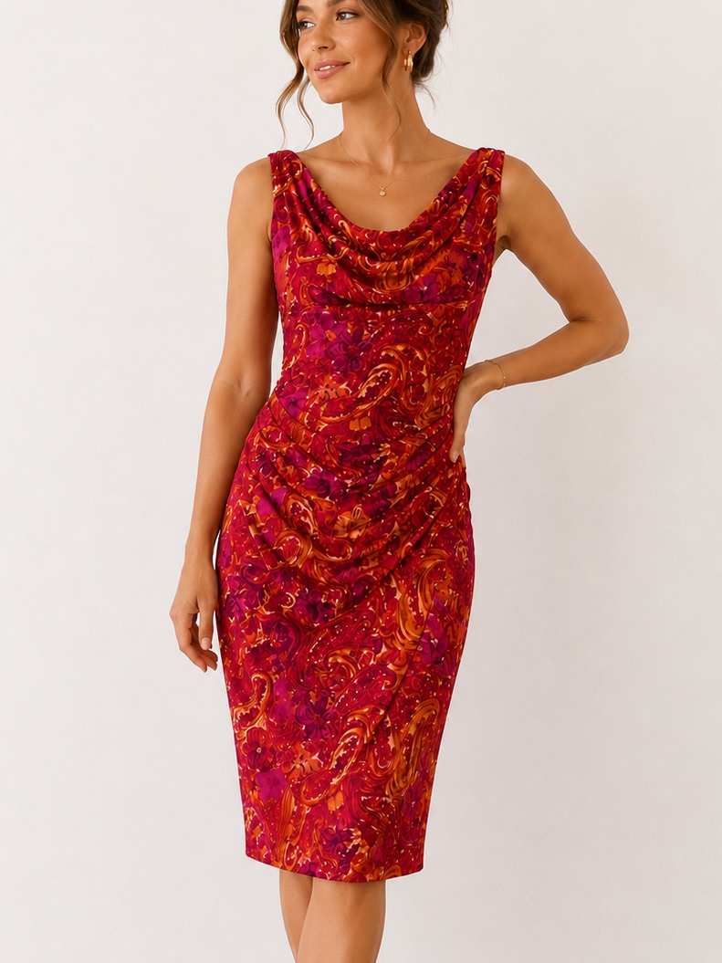 Lauren Ralph Lauren Tangerine Sleeveless Cowl Neck Ruched Sheath Dress